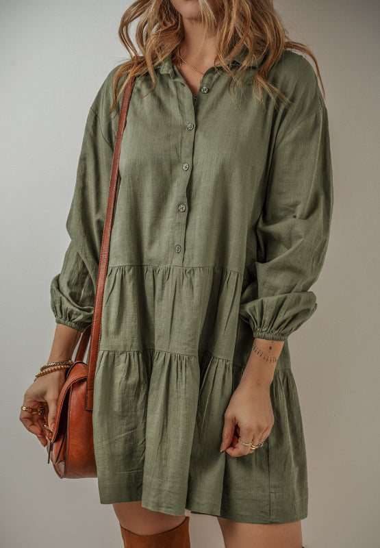 Tiered Collared Neck Balloon Sleeve Shirt Dress