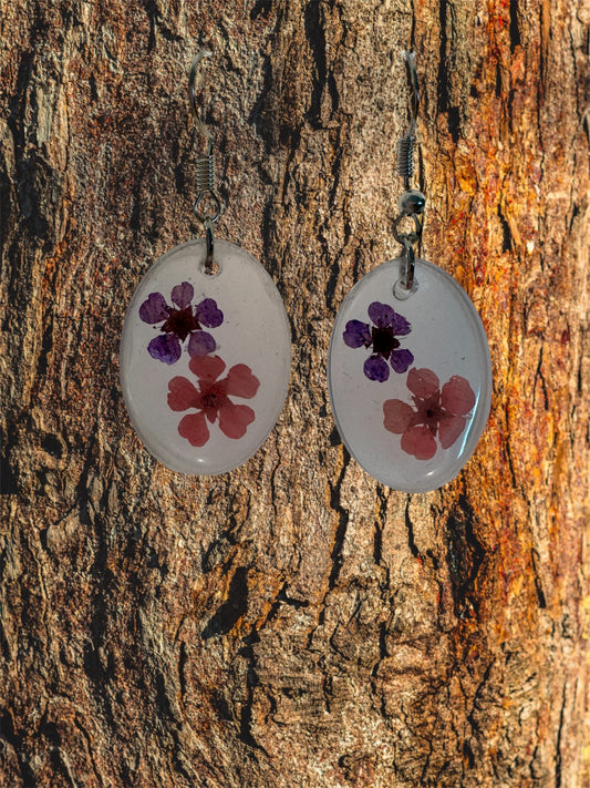 Resin Teardrop Pink and Purple Flower Earrings - Silver