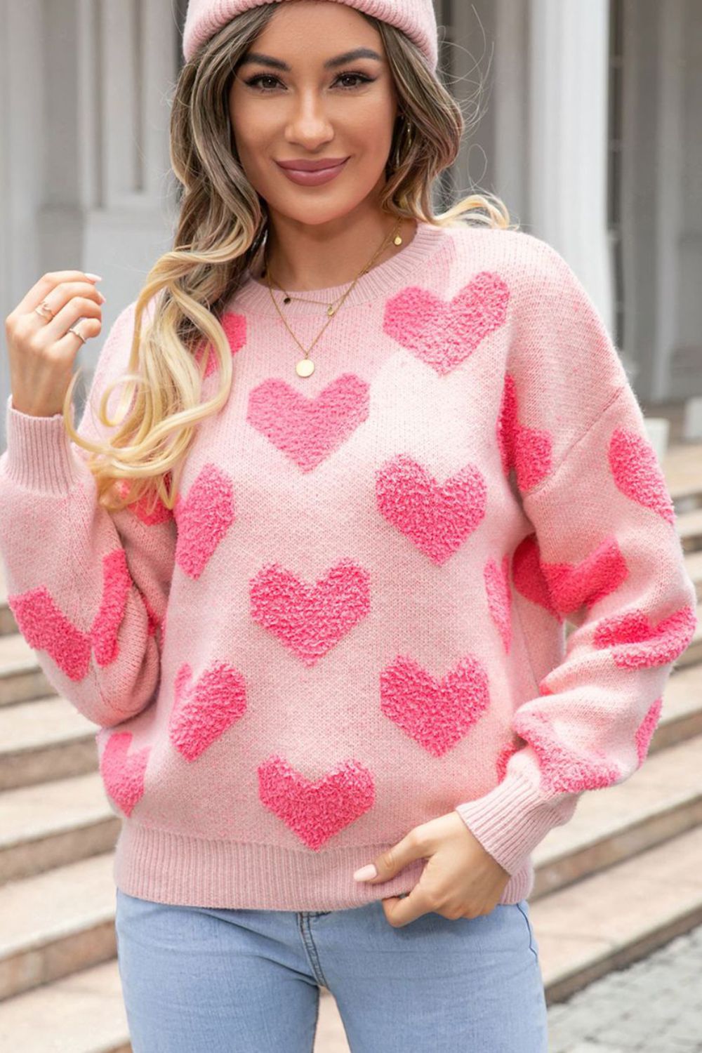 Valentine's Day Heart Jacquard Round Neck Sweater