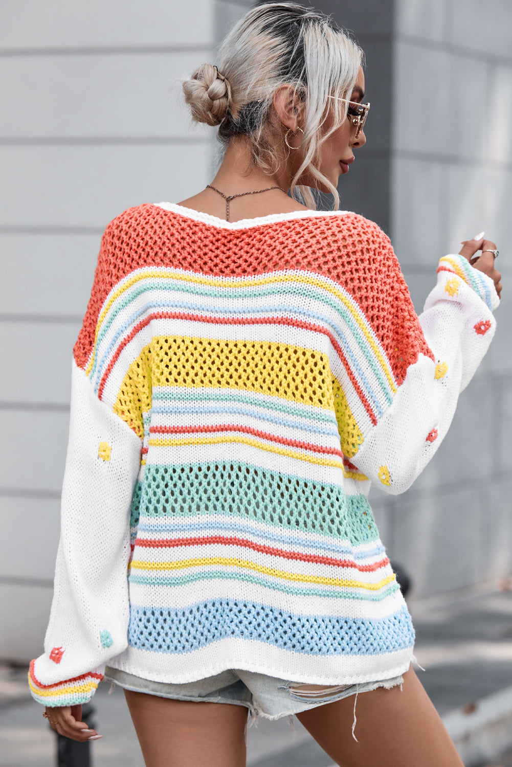 Hollow Striped Color Block Round Neck Sweater